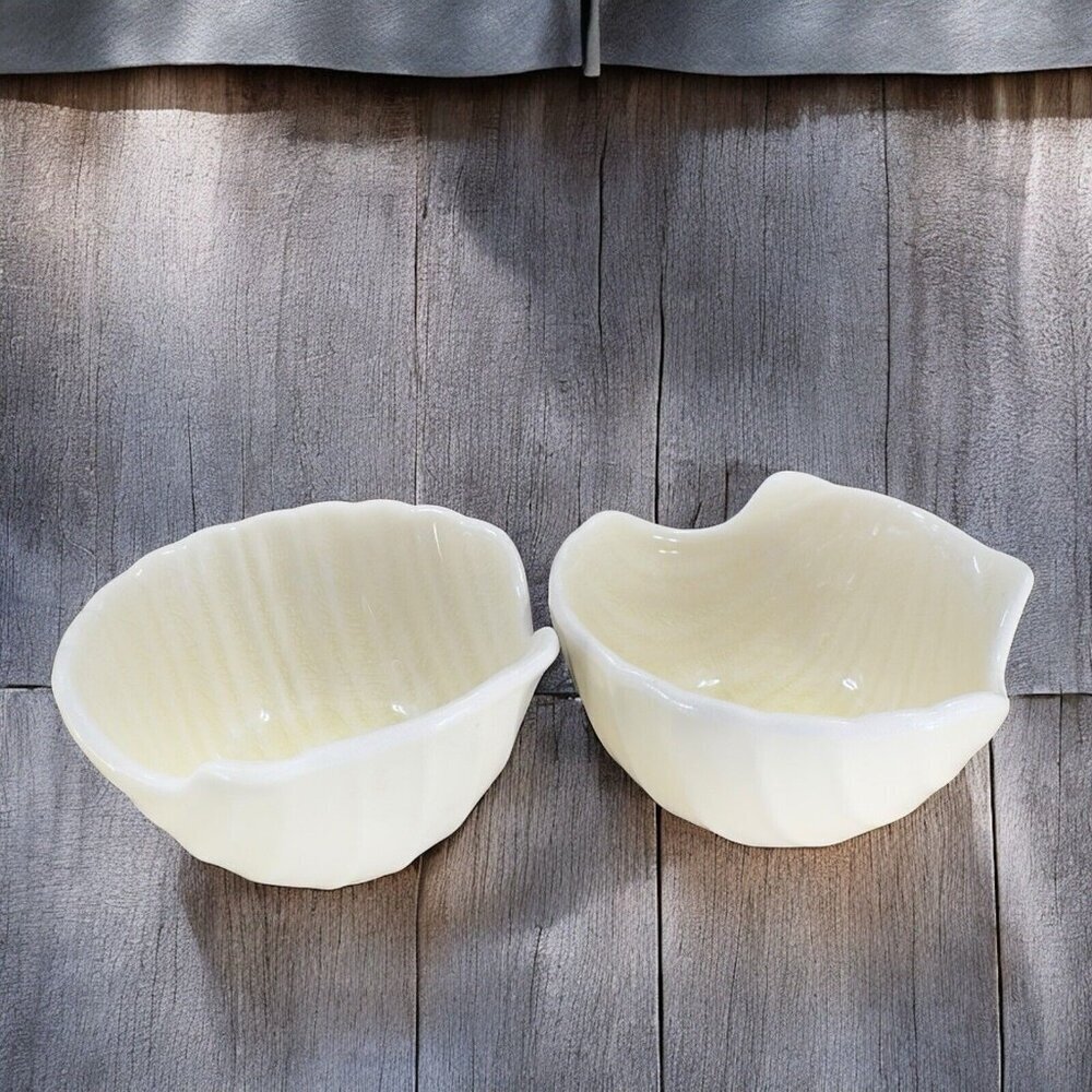 Pier 1 Imports Ivory Crackle Glaze Ceramic Shell Shape Dish Small Bowl Set 2 VTG